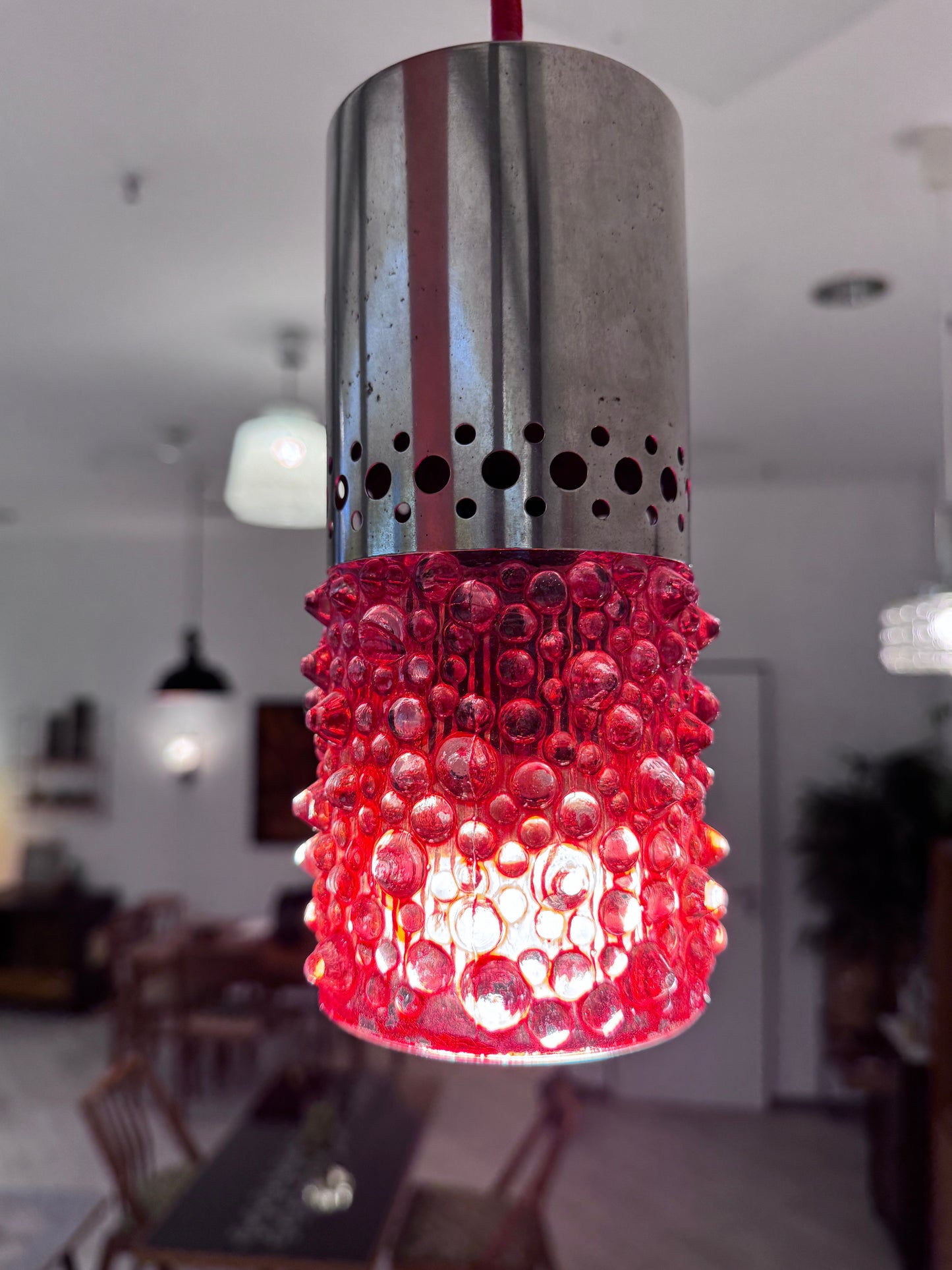 Vintage Bubble Glas Pendelleuchte Rot 70er Jahre