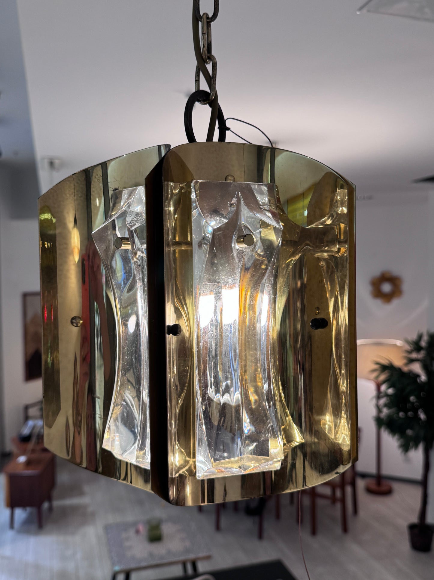 Vintage Pendelleuchte aus Messing und Glas, 1960er Jahre