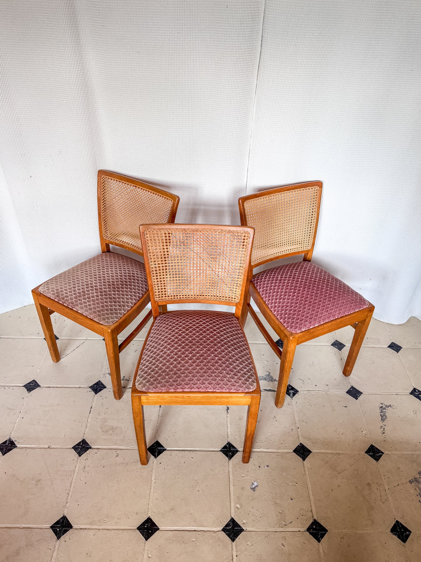 Set 3 Stühle Wiener Geflecht Holz massiv Kirsche 50er