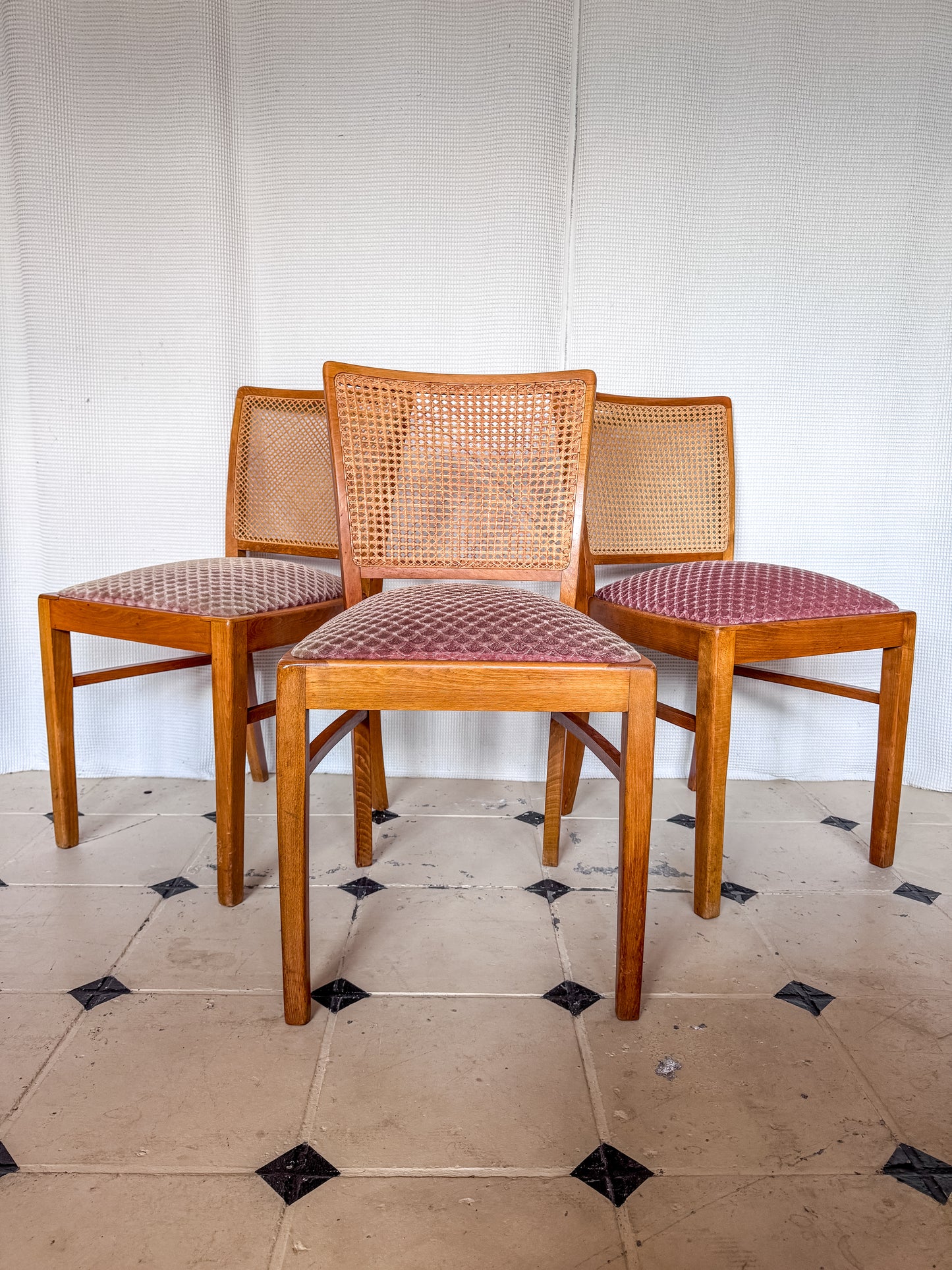 Set 3 Stühle Wiener Geflecht Holz massiv Kirsche 50er