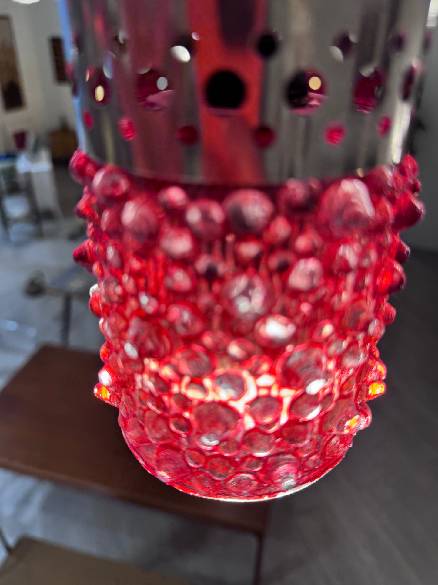 Vintage Bubble Glas Pendelleuchte Rot 70er Jahre