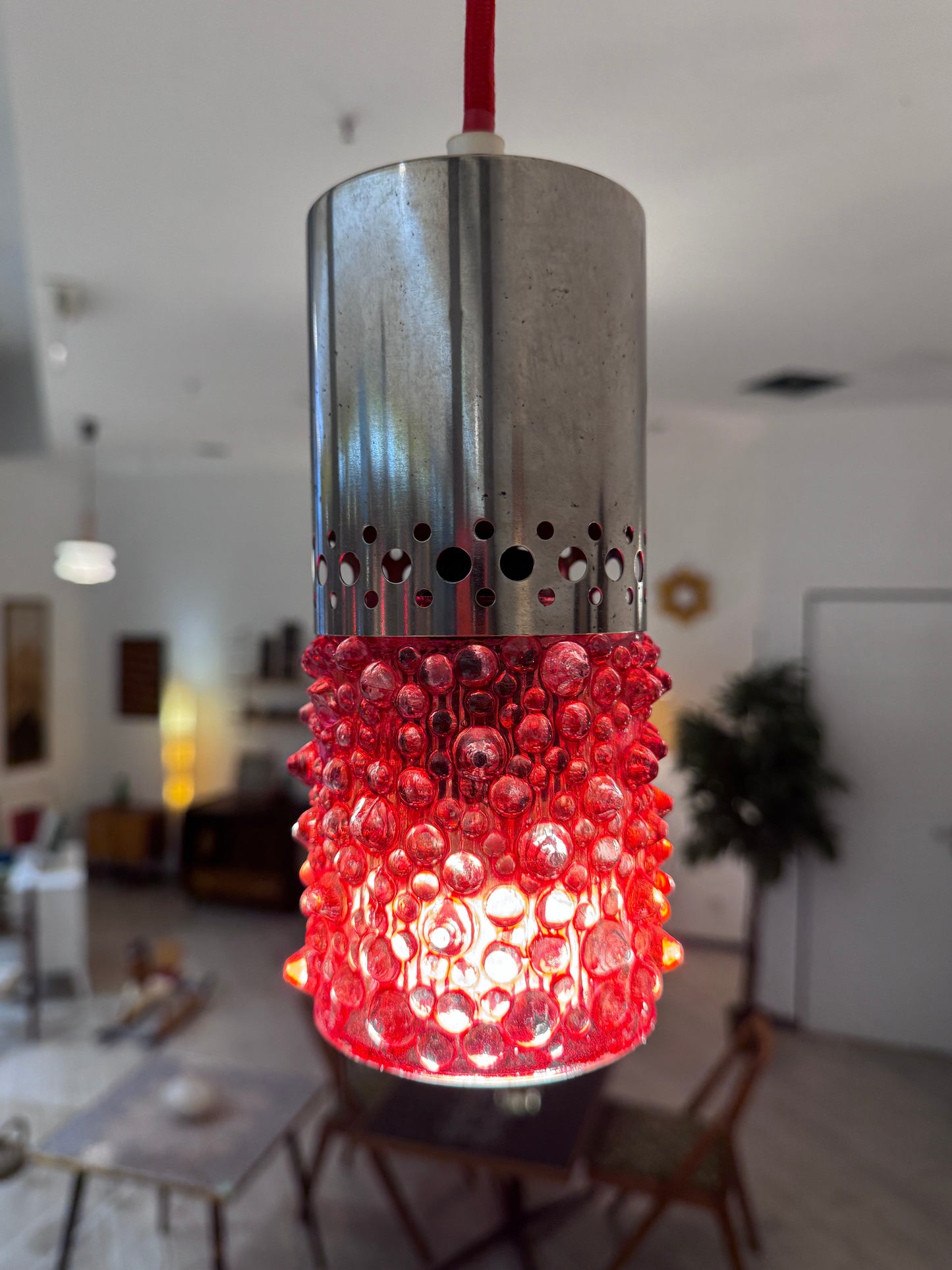 Vintage Bubble Glas Pendelleuchte Rot 70er Jahre