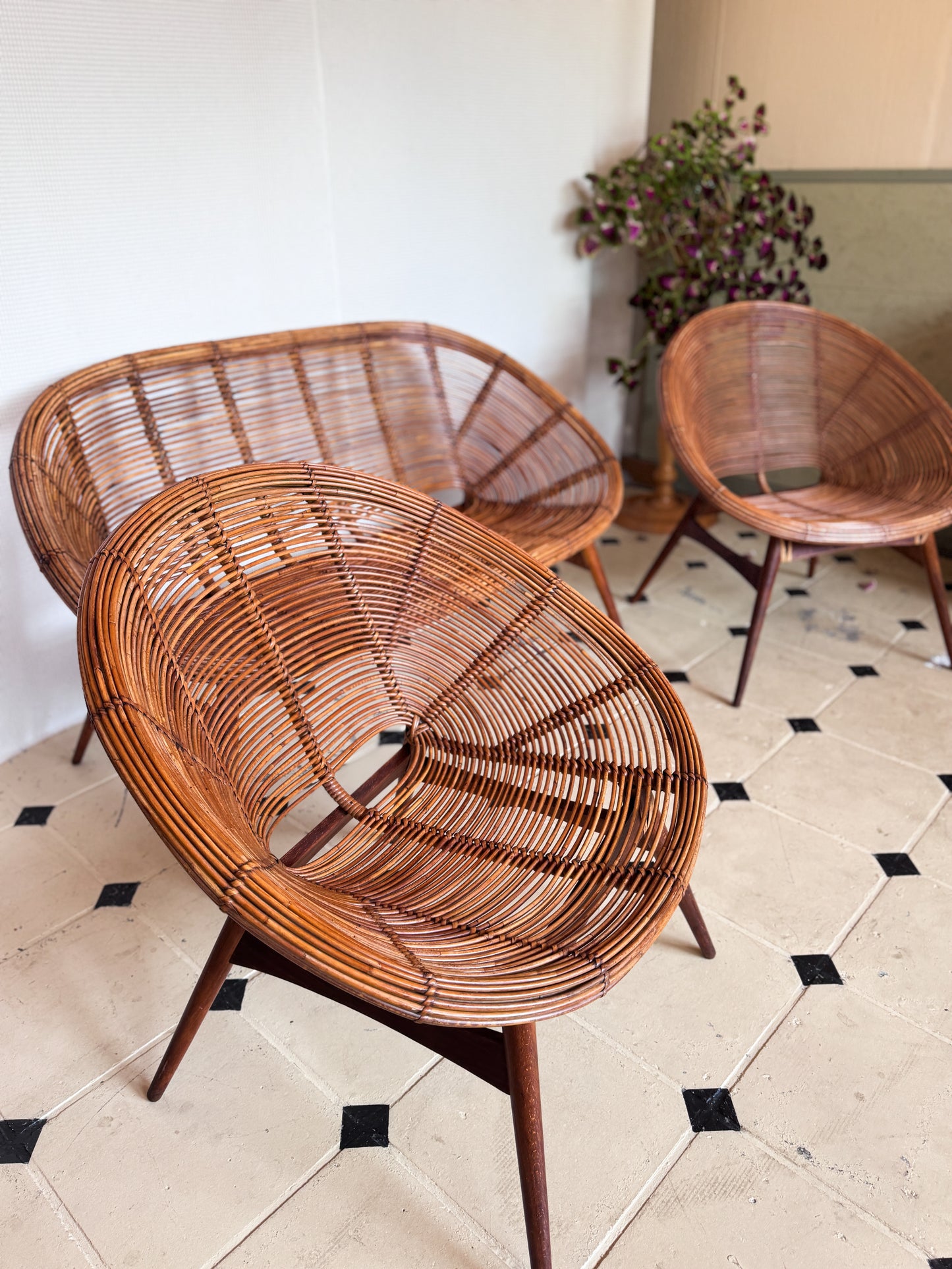 Vintage Rattan-Loungeset – 2 Sessel & 1 Couch | 1960er/70er Jahre
