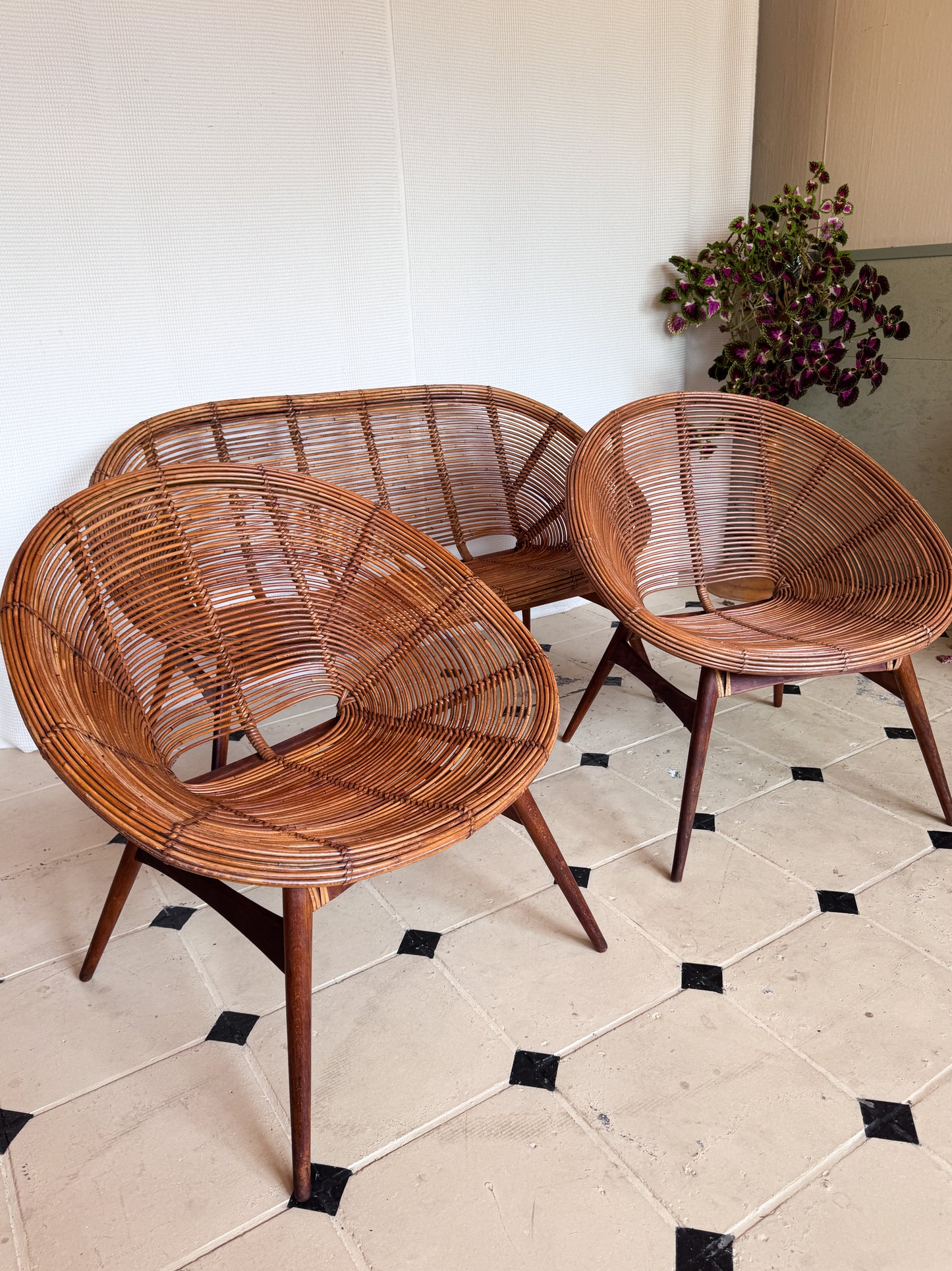 Vintage Rattan-Loungeset – 2 Sessel & 1 Couch | 1960er/70er Jahre