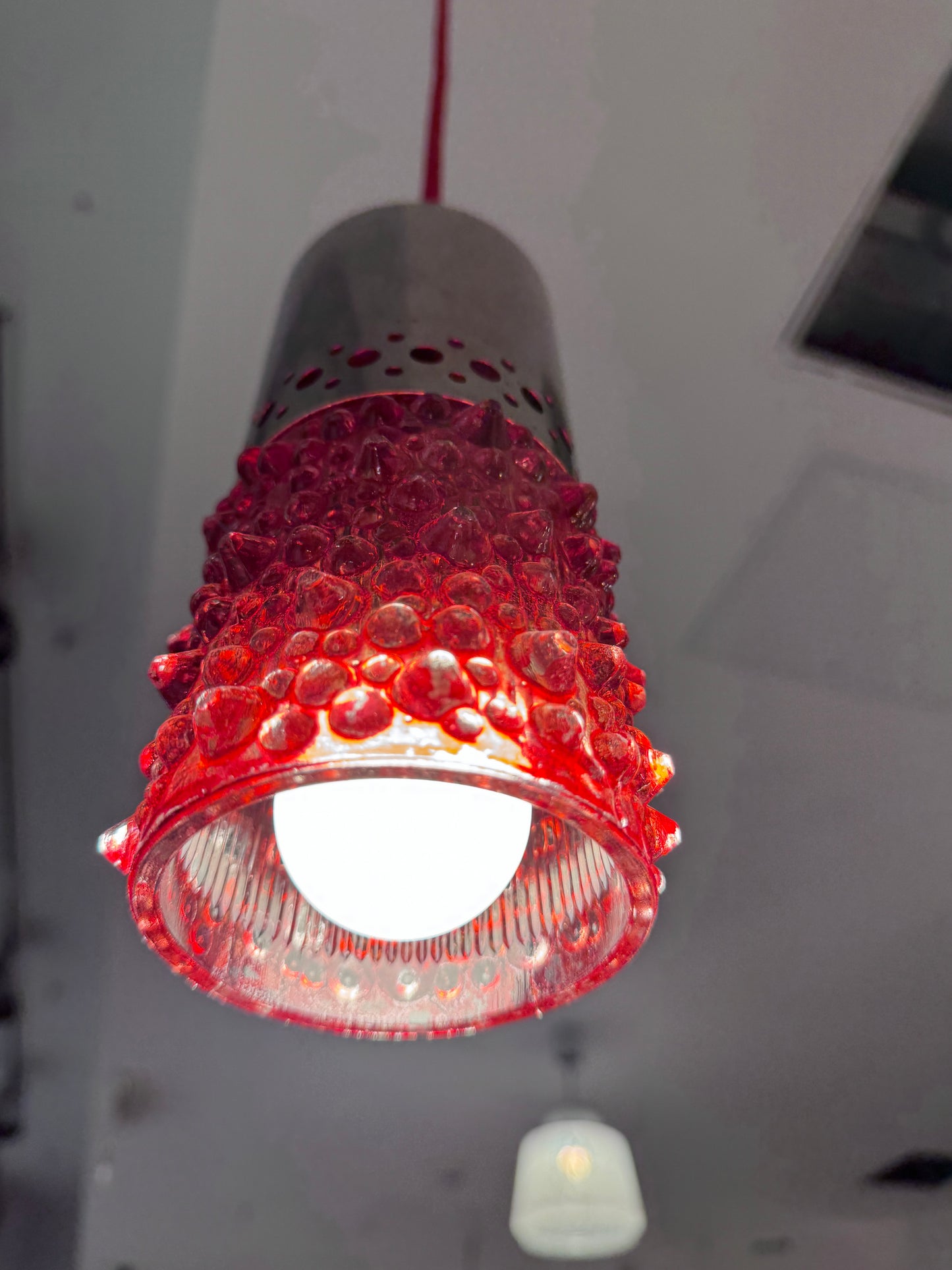 Vintage Bubble Glas Pendelleuchte Rot 70er Jahre