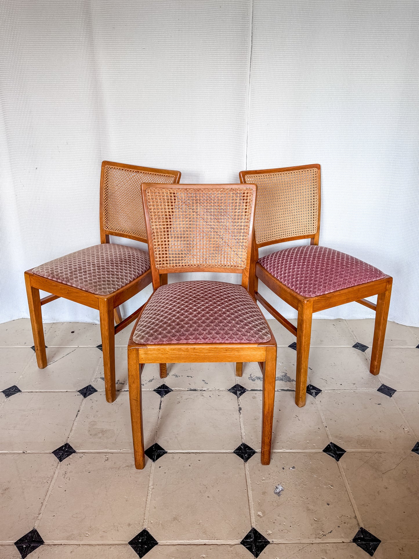 Set 3 Stühle Wiener Geflecht Holz massiv Kirsche 50er