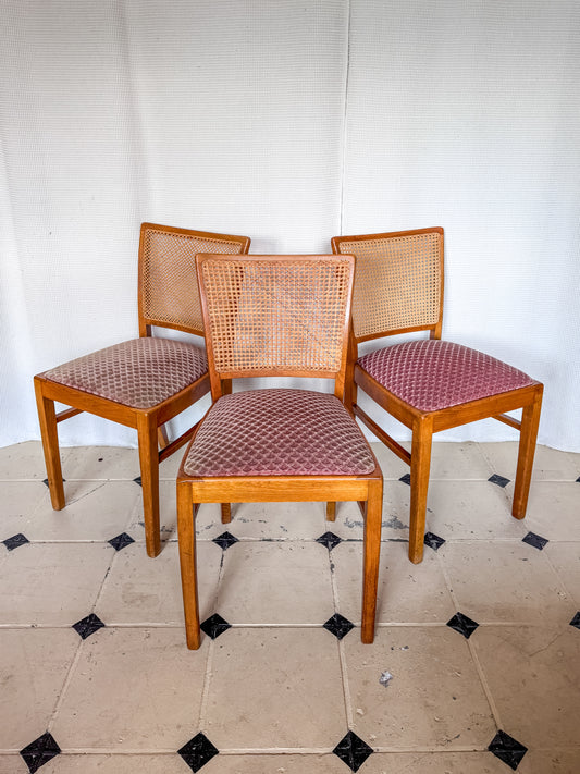Set 3 Stühle Wiener Geflecht Holz massiv Kirsche 50er