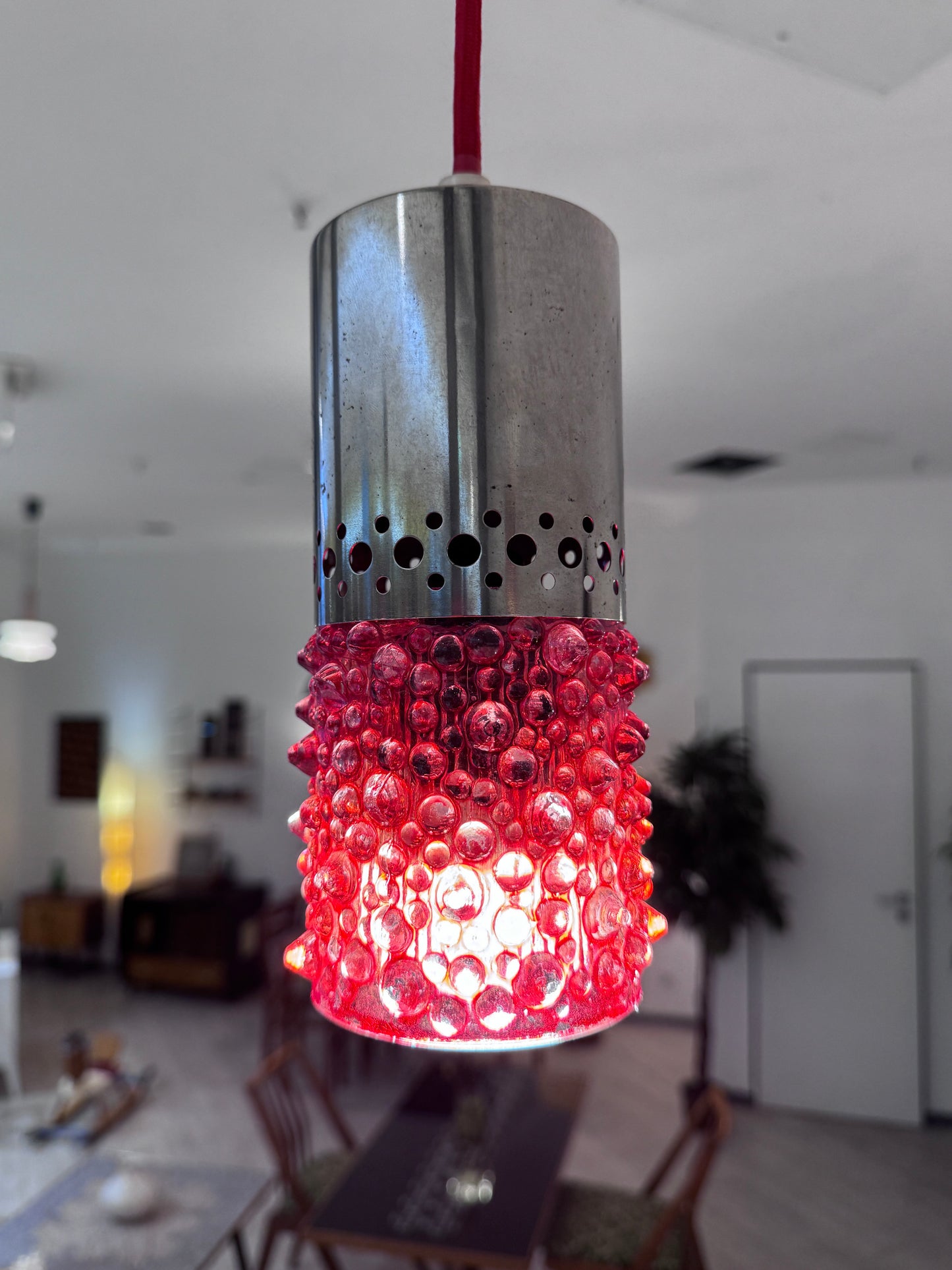 Vintage Bubble Glas Pendelleuchte Rot 70er Jahre