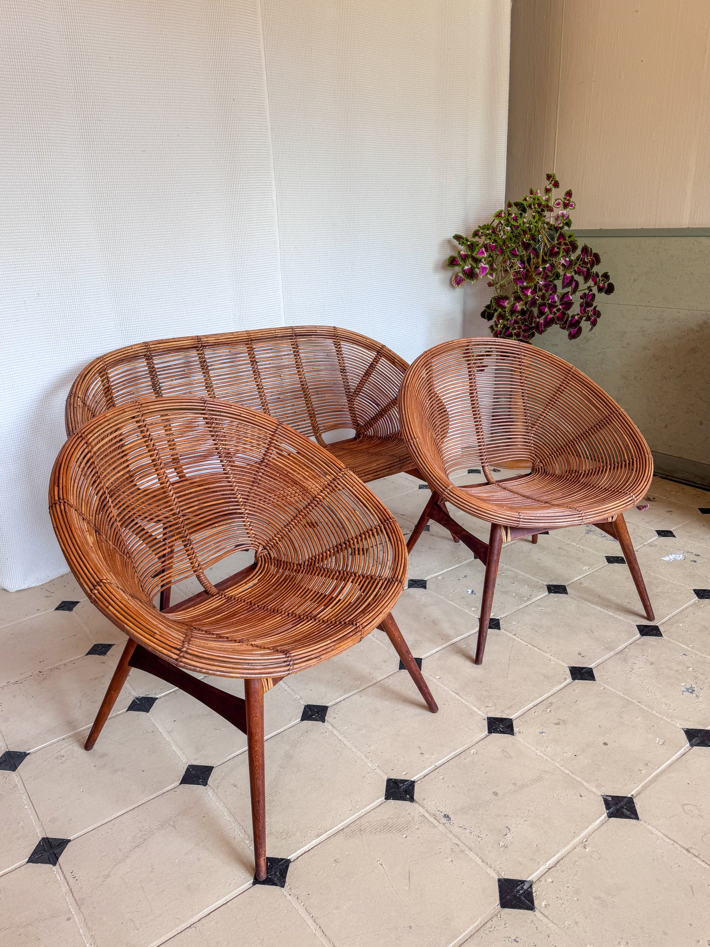 Vintage Rattan-Loungeset – 2 Sessel & 1 Couch | 1960er/70er Jahre